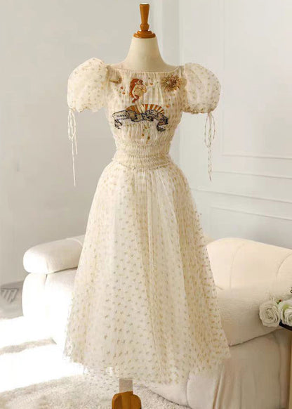 Apricot Ruffled Elastic Waist Tulle Long Dresses Summer Kk028