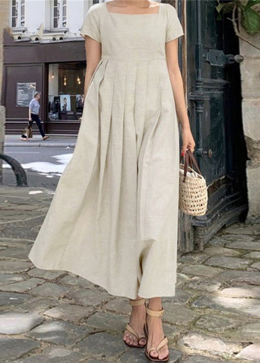 Apricot Square Collar Wrinkled Cotton Long Dress Summer Ff031