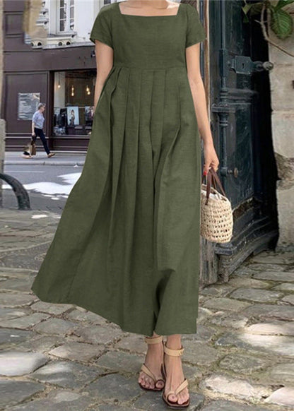 Apricot Square Collar Wrinkled Cotton Long Dress Summer Ff031