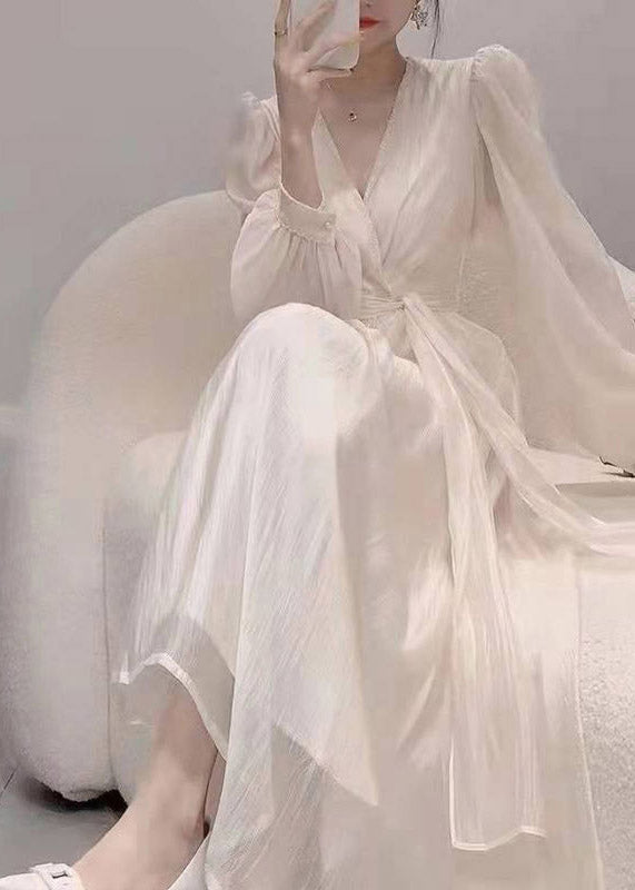 Apricot V Neck Tie Waist Chiffon Long Dress Spring Ti1016