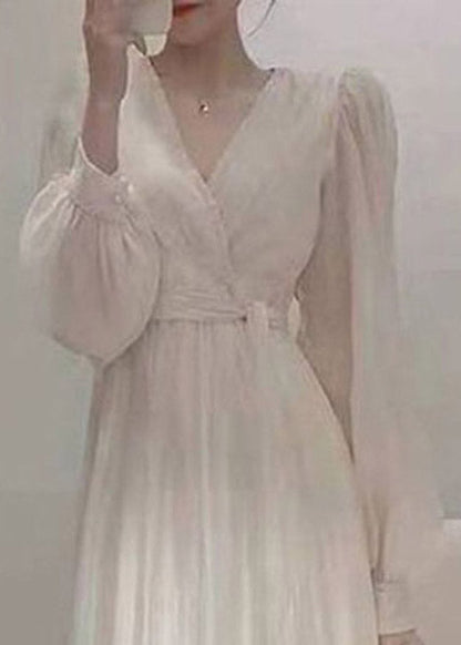 Apricot V Neck Tie Waist Chiffon Long Dress Spring Ti1016