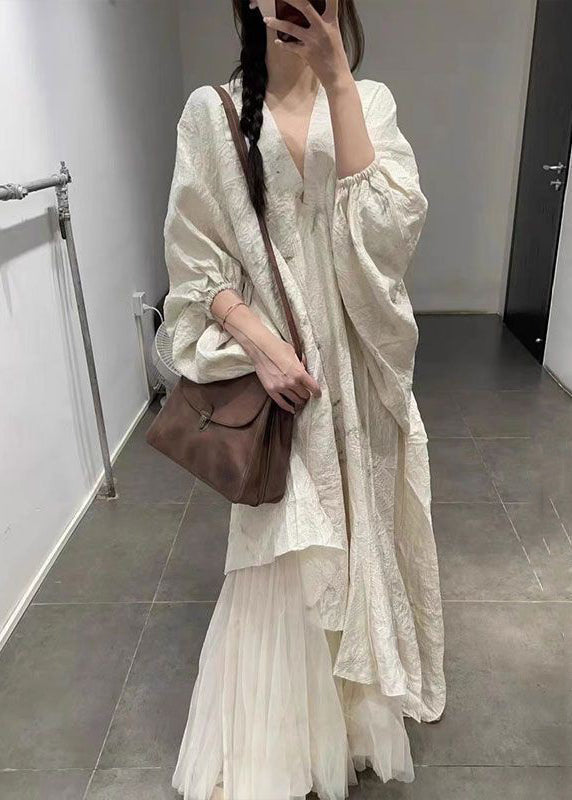 Beige Asymmetrical Tulle Patchwork Maxi Dress Lantern Sleeve Xx095