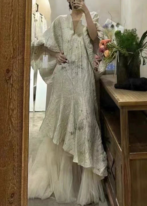 Beige Asymmetrical Tulle Patchwork Maxi Dress Lantern Sleeve Xx095