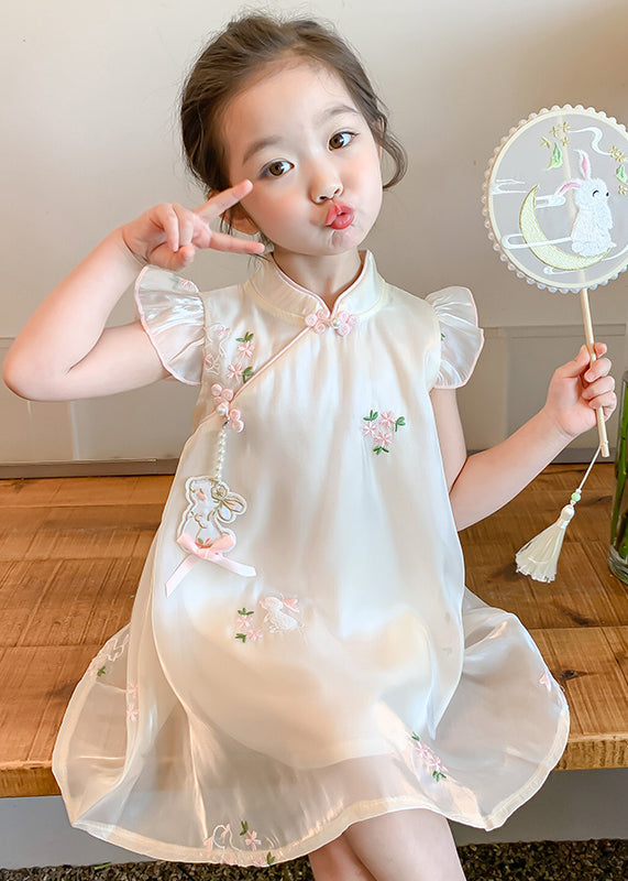 Beige Embroideried Button Tulle Long Dresses Summer Mn014