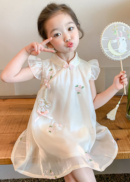 Beige Embroideried Button Tulle Long Dresses Summer Mn014