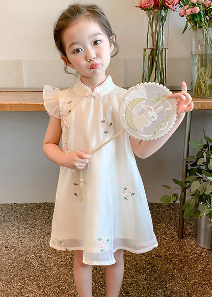 Beige Embroideried Button Tulle Long Dresses Summer Mn014