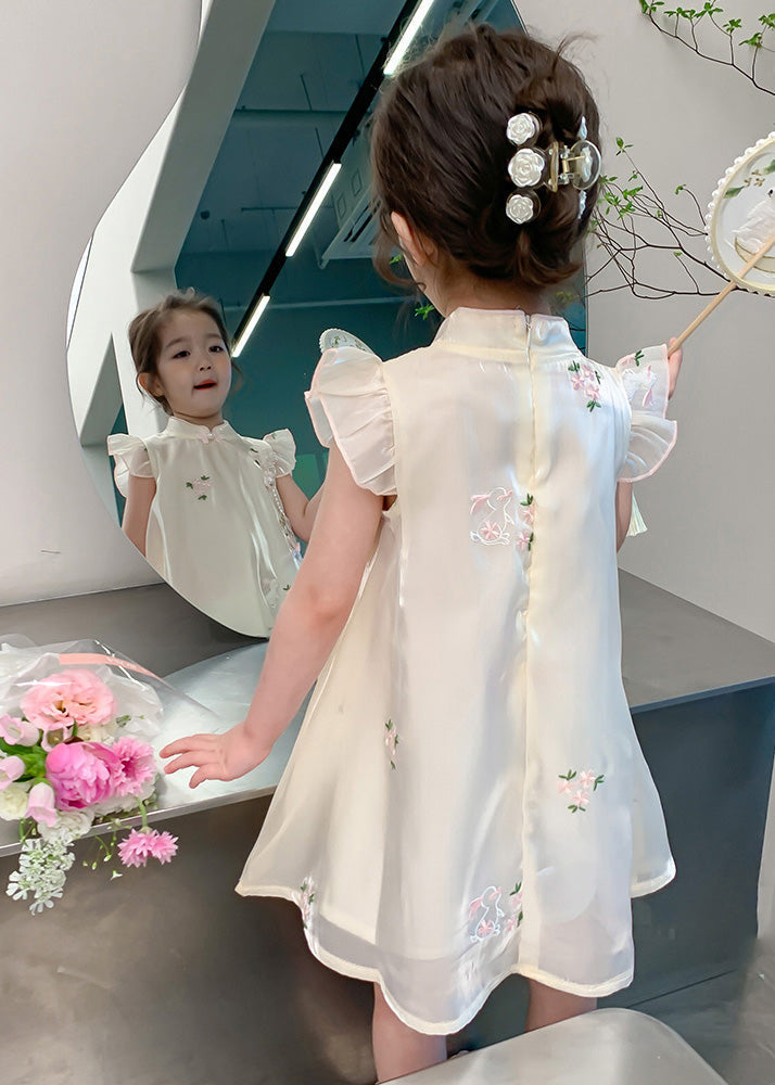 Beige Embroideried Button Tulle Long Dresses Summer Mn014