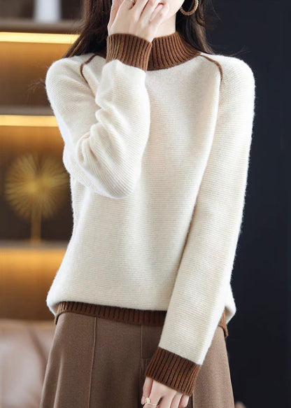 Brown Turtleneck Cozy Patchwork Wool Knit Sweaters Qi042
