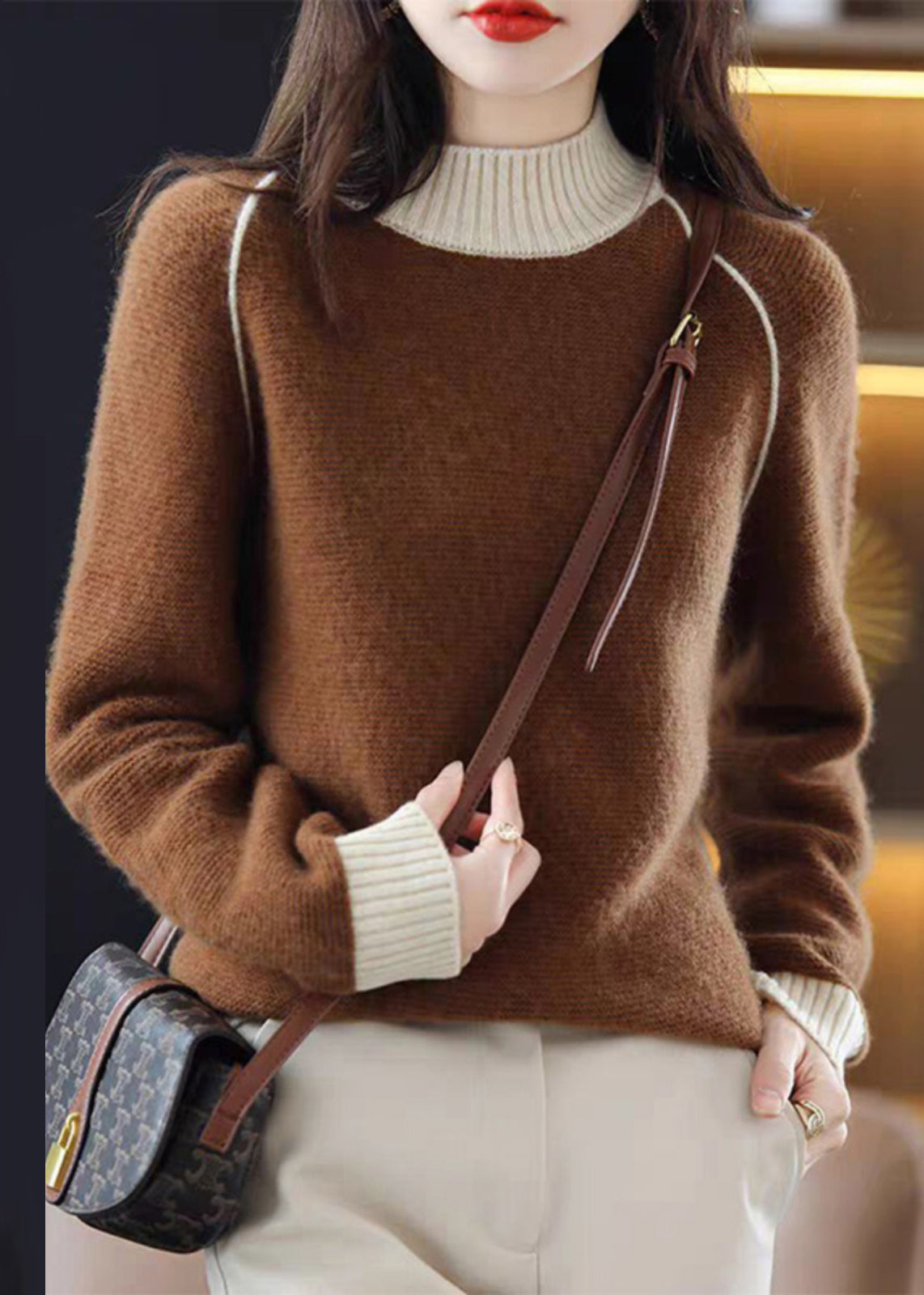 Beige Turtleneck Cozy Patchwork Wool Knit Sweaters Fall Qi047