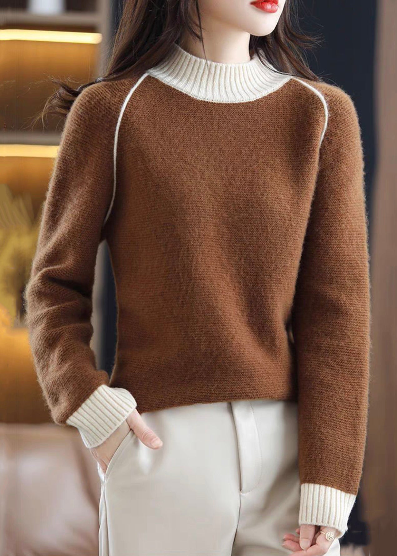 Brown Turtleneck Cozy Patchwork Wool Knit Sweaters Qi042