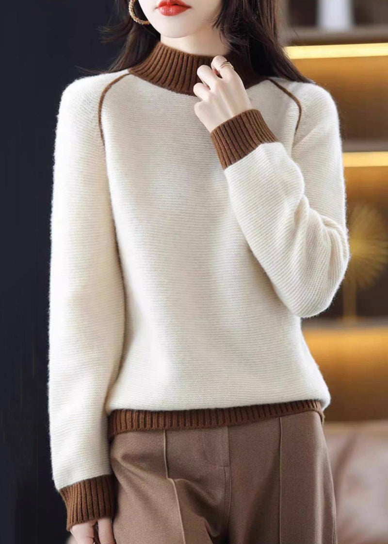 Brown Turtleneck Cozy Patchwork Wool Knit Sweaters Qi042