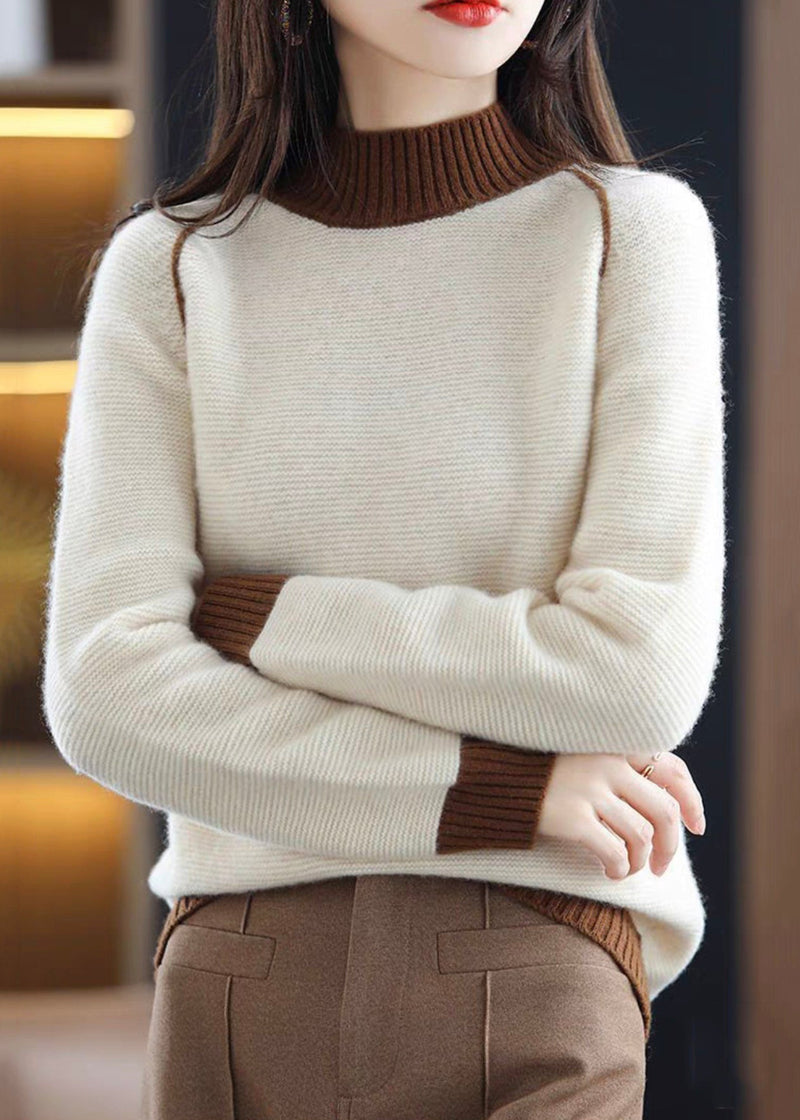 Brown Turtleneck Cozy Patchwork Wool Knit Sweaters Qi042
