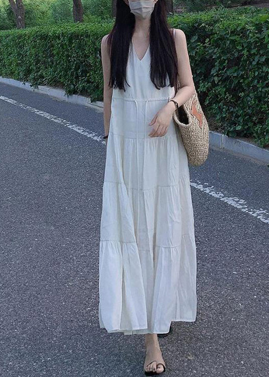 Beige V Neck Patchwork Vacation Chiffon Long Dresses Summer Lc0063
