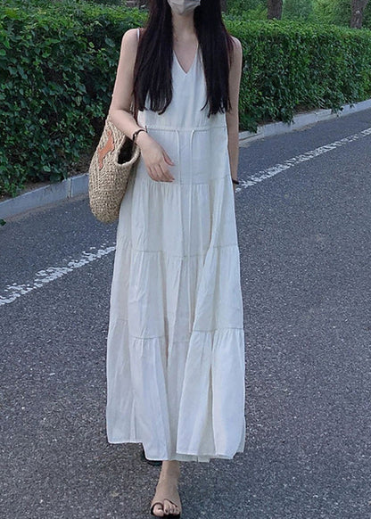 Beige V Neck Patchwork Vacation Chiffon Long Dresses Summer Lc0063
