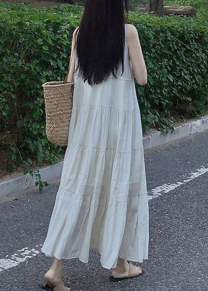 Beige V Neck Patchwork Vacation Chiffon Long Dresses Summer Lc0063