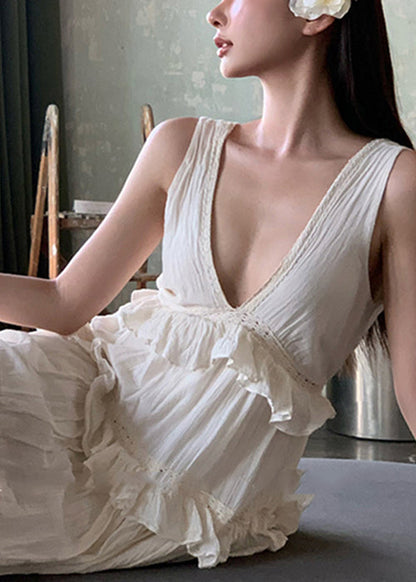 Beige V Neck Ruffled Cotton Long Dresses Summer Zl011