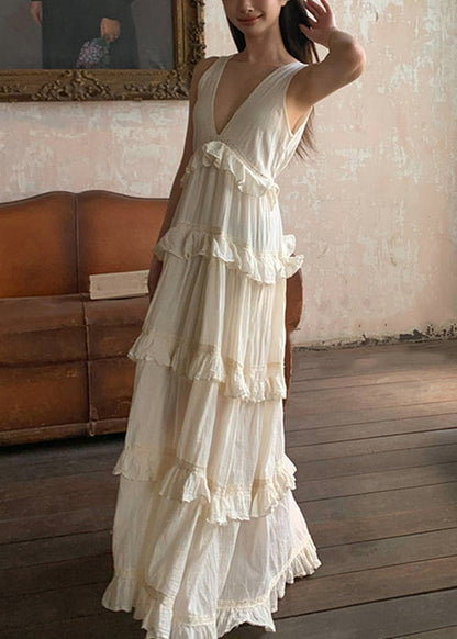Beige V Neck Ruffled Cotton Long Dresses Summer Zl011