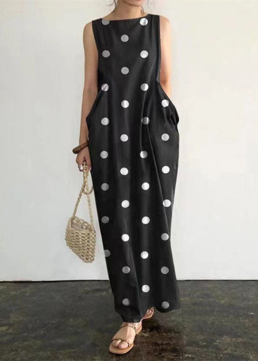 Black Dot Print Pockets Long Dresses Sleeveless Vb1053