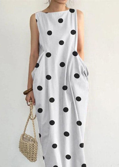 Black Dot Print Pockets Long Dresses Sleeveless Vb1053