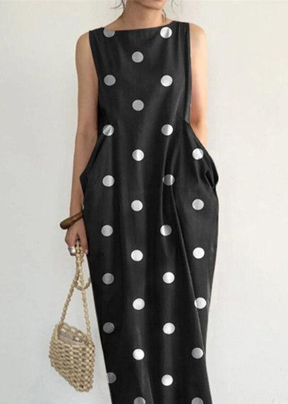 Black Dot Print Pockets Long Dresses Sleeveless Vb1053
