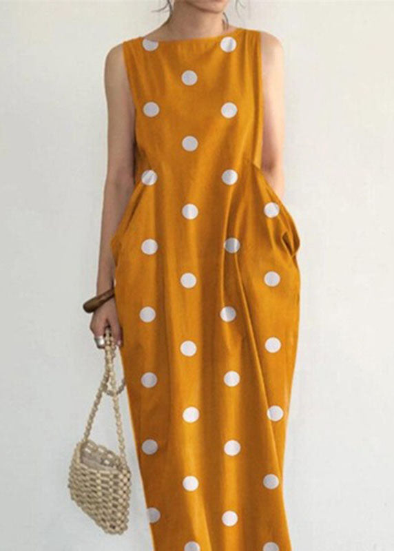 Black Dot Print Pockets Long Dresses Sleeveless Vb1053