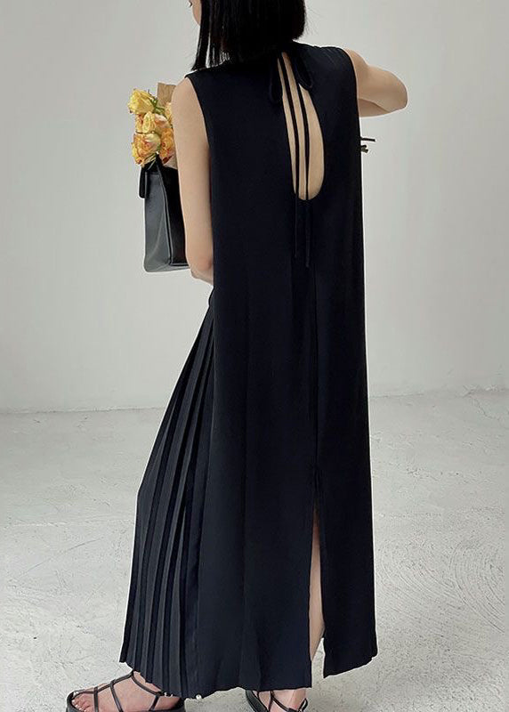 Black O-neck Wrinkled Chiffon Long Dress Summer Uu1003