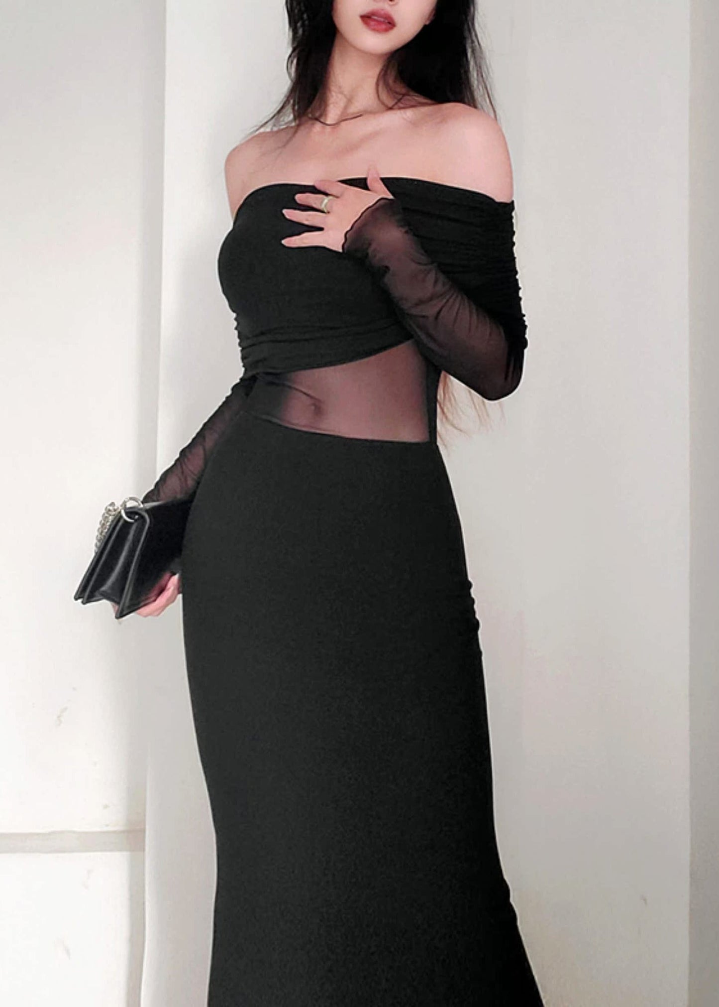 Black Slash Neck Tulle Patchwork Long Dress Spring Yt017