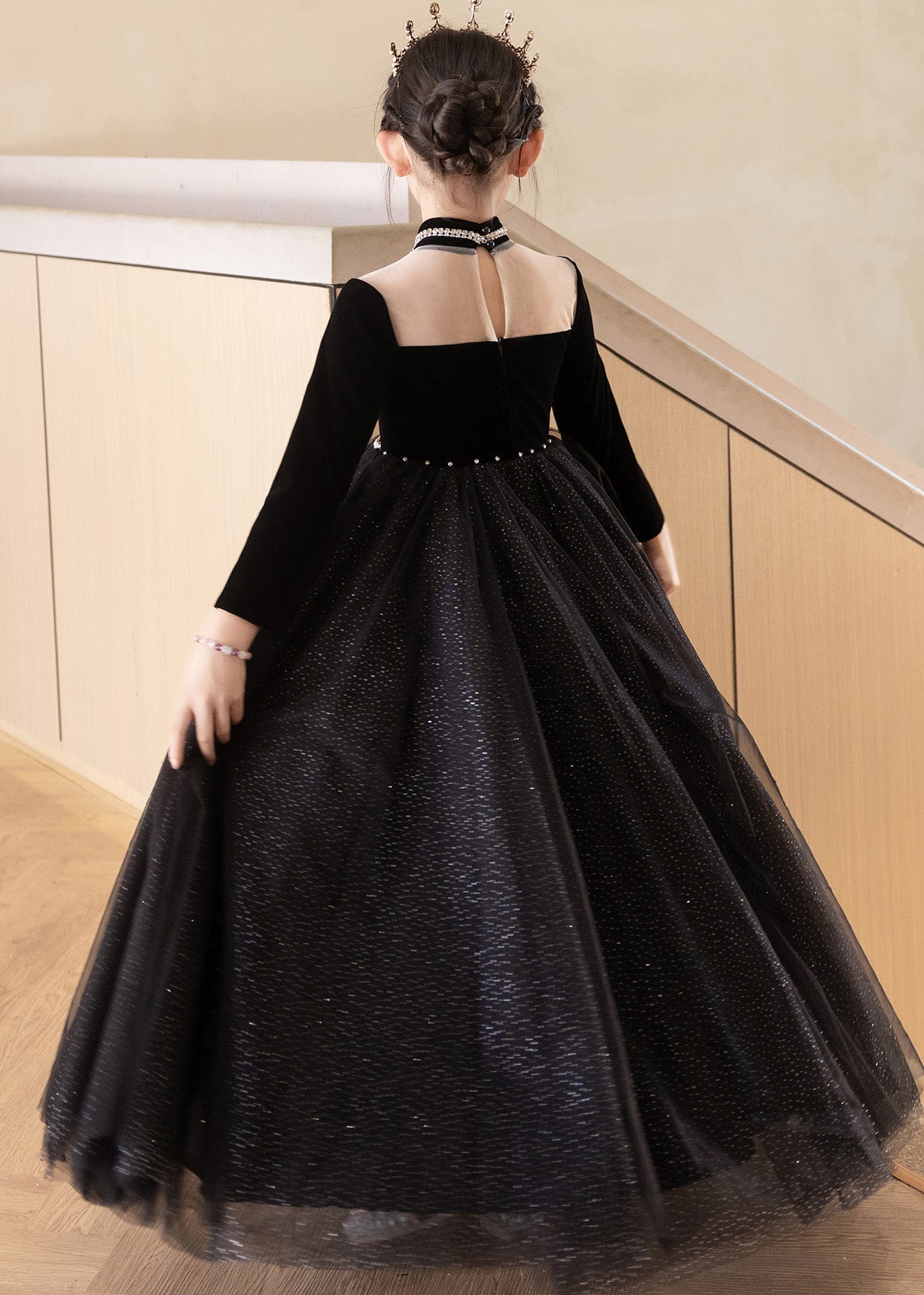 Black Turtleneck Silk Velour Patchwork Tulle Kids Maxi Dresses Fall Rp033