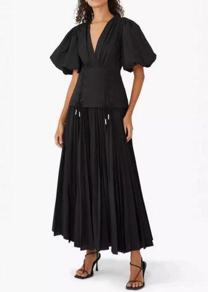Black V Neck Lace Up Cotton Long Dresses Summer Au1011