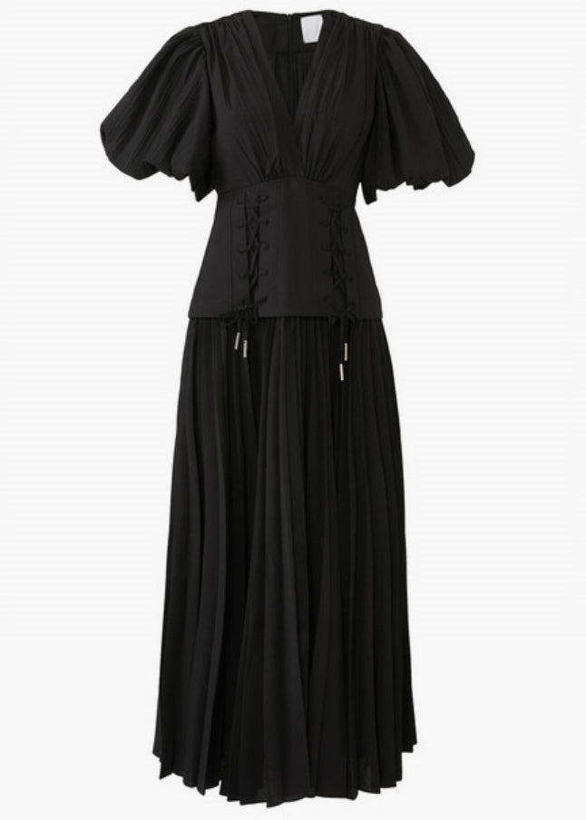 Black V Neck Lace Up Cotton Long Dresses Summer Au1011