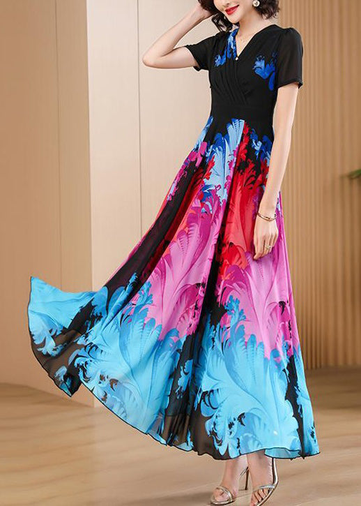 Black V Neck Print High Waist Chiffon Maxi Dresses Summer As1085