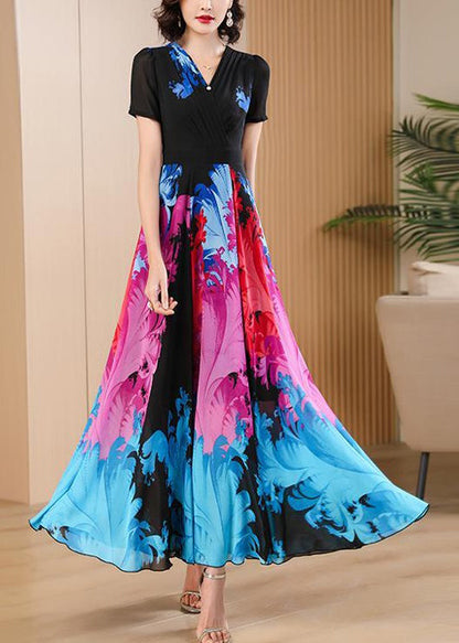Black V Neck Print High Waist Chiffon Maxi Dresses Summer As1085
