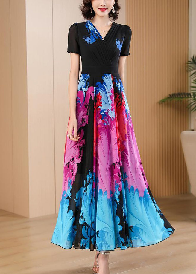 Black V Neck Print High Waist Chiffon Maxi Dresses Summer As1085