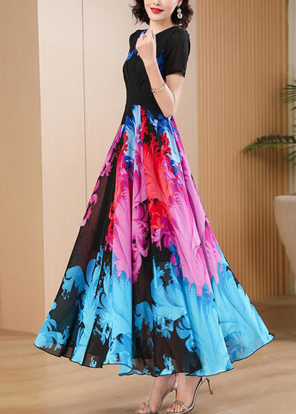 Black V Neck Print High Waist Chiffon Maxi Dresses Summer As1085