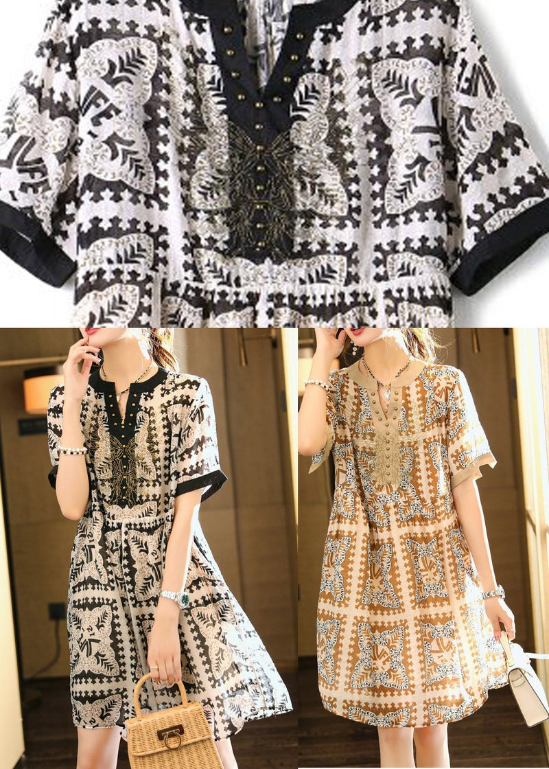 Coffee Nail Bead Party Chiffon Long Dress Short Sleeve Ly1532