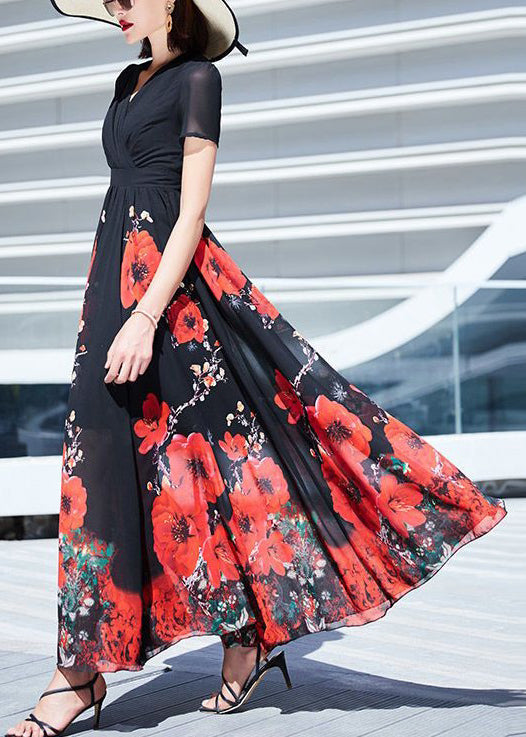 Black V Neck Print Wrinkled Chiffon Long Dresses Summer As1002