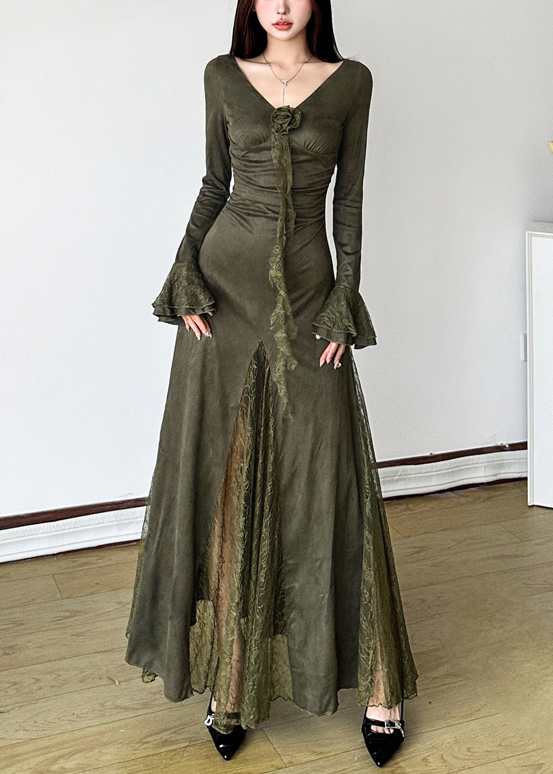 Blackish Green Patchwork Lace Long Dress Flare Sleeve Yp047