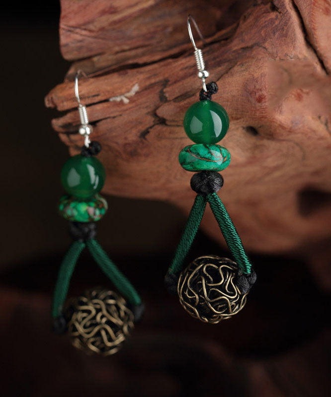 Blackish Green Sterling Silver Alloy Green Agate Emperor Stone Drop Earrings