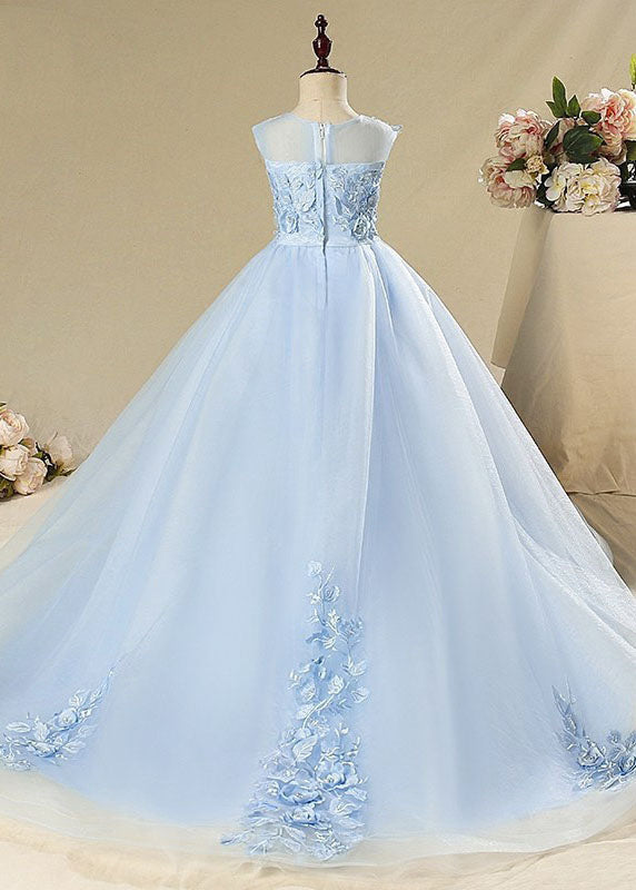 Blue Butterfly Tulle Kids Long Dress Sleeveless Ys008