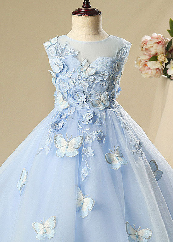 Blue Butterfly Tulle Kids Long Dress Sleeveless Ys008