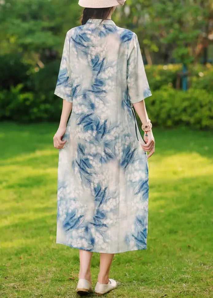 Blue Button Print Lace Up Linen Long Dresses Summer Cg1029