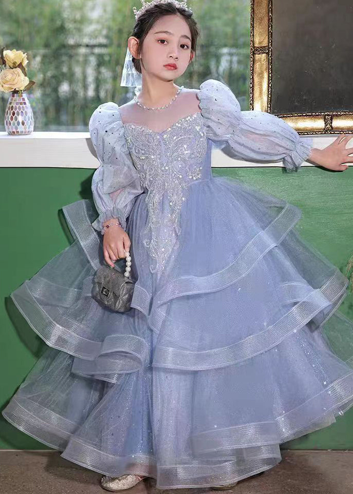 Blue O-neck Embroideried Patchwork Tulle Kids Long Dress Fall Rp045