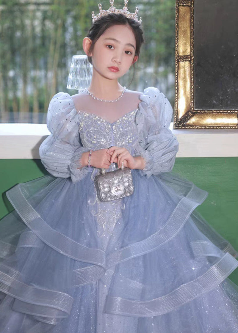Blue O-neck Embroideried Patchwork Tulle Kids Long Dress Fall Rp045