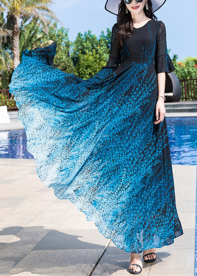 Blue O-neck Print Party Chiffon Long Dress Half Sleeve Ly1776