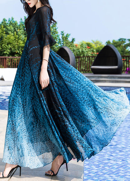 Blue O-neck Print Party Chiffon Long Dress Half Sleeve Ly1776