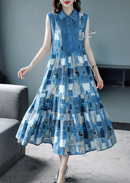 Blue Peter Pan Collar Plaid Wrinkled Maxi Dresses Summer Ac2035
