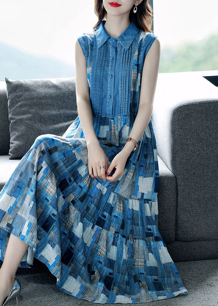 Blue Peter Pan Collar Plaid Wrinkled Maxi Dresses Summer Ac2035