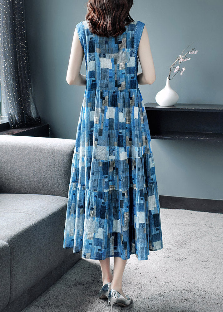 Blue Peter Pan Collar Plaid Wrinkled Maxi Dresses Summer Ac2035
