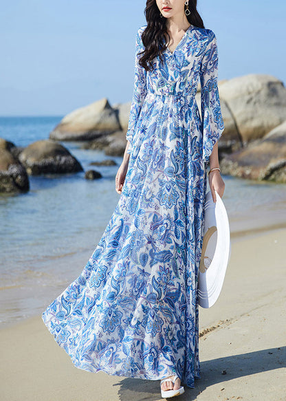 Blue V Neck Print Elastic Waist Chiffon Vacation Maxi Dresses Flare Sleeve Ly1697
