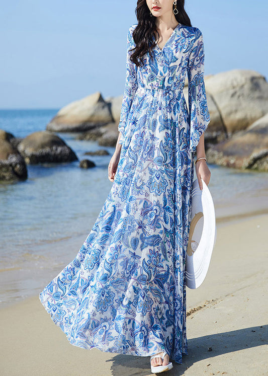 Blue V Neck Print Elastic Waist Chiffon Vacation Maxi Dresses Flare Sleeve Ly1697